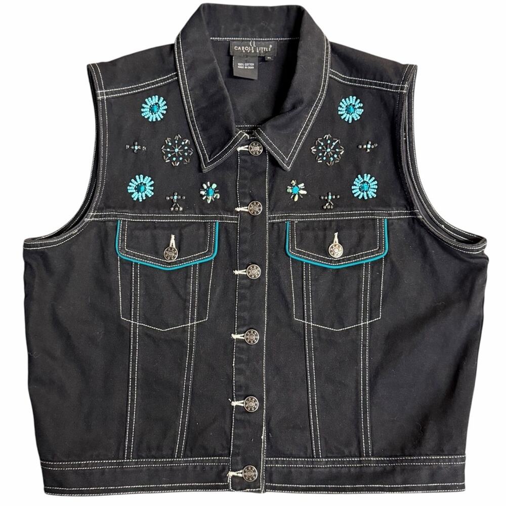 Vintage Carol Little Black Denim Beaded Vest XL